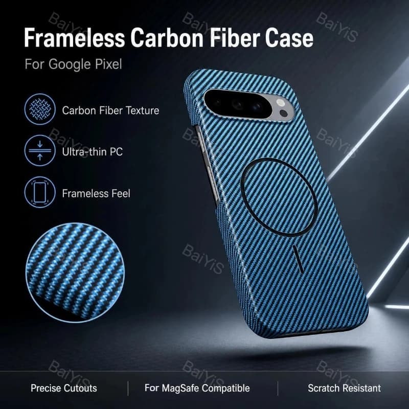 Carbon Fiber Texture Slim PC for Magsafe Case for Google Pixel 11 10 9 Pro XL 10A 9A Magnetic Wireless Charge Halfframe Cover