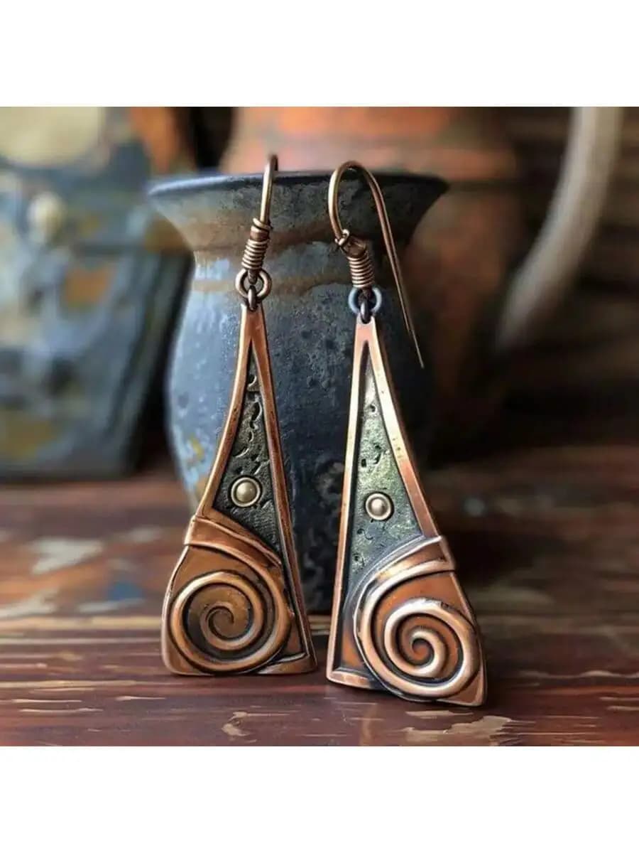 Bohemian Vintage Women's Dangle Earrings, Triangle Shaped Personalized Geometric Pendant With Spiral Round Unique Pattern, Fashi