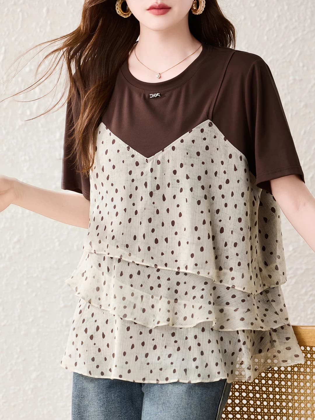Casual Polka Dot Print Splice T-Shirt Women's Polyester Fiber Short Sleeve Midi Length Fashionable Leisure Style Summer New