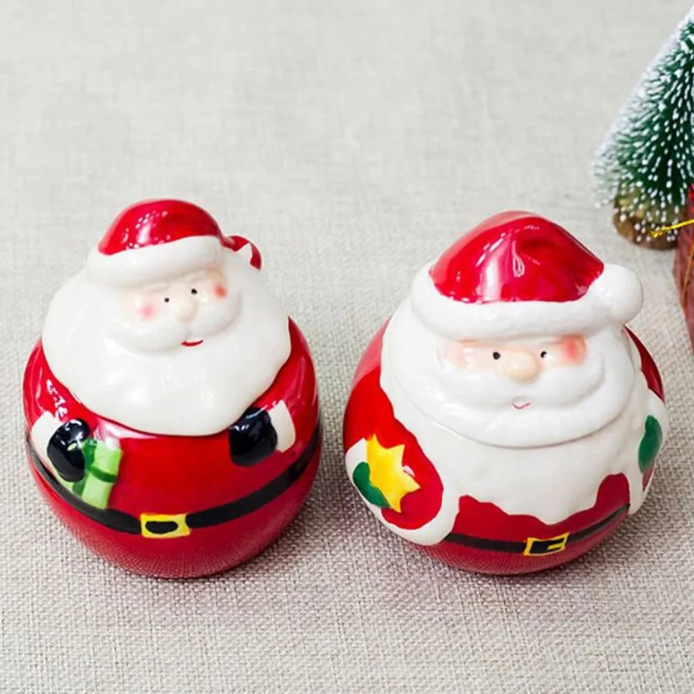 2Pcs Santa Claus Decoration Ceramic Spice Jars Set for Kitchen Storage Seasoning Salt Pepper Condiment Jars Christmas Gift