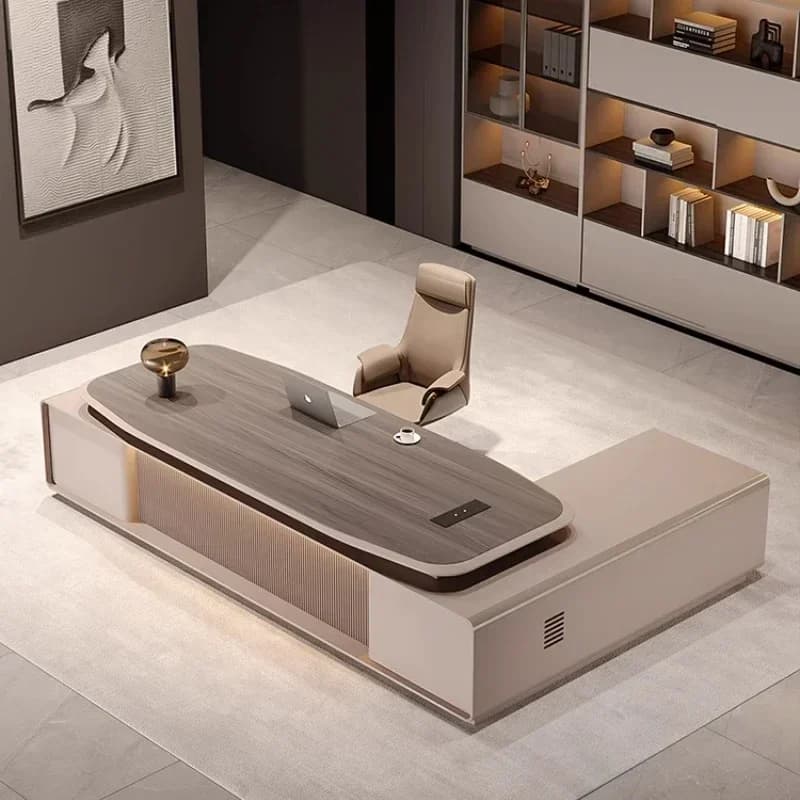 Supervisore leggero di lusso moderno Boss Manager Scrivania da ufficio direzionale di lusso con cassetti portaoggetti per lampade Scrivanie per computer Libreria grande