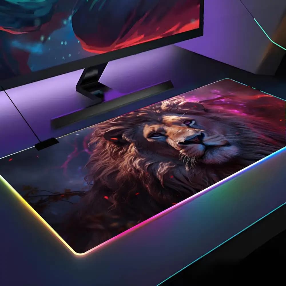 Tappetino per Mouse RGB Retroilluminato con Motivo Leone, Tappetino per Laptop, Accessori per Gaming e Scrivania del Computer