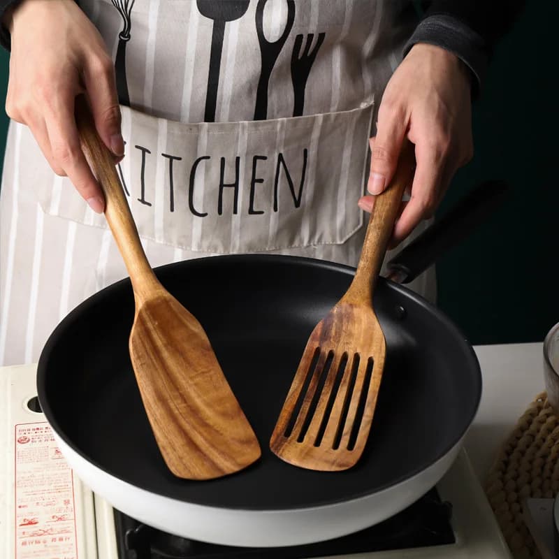 Teak Wood Spatula with Long Sleeve, Acacia Massive Wood Palette, Anti-stick Kitchen Tools for Frying and Mixing
