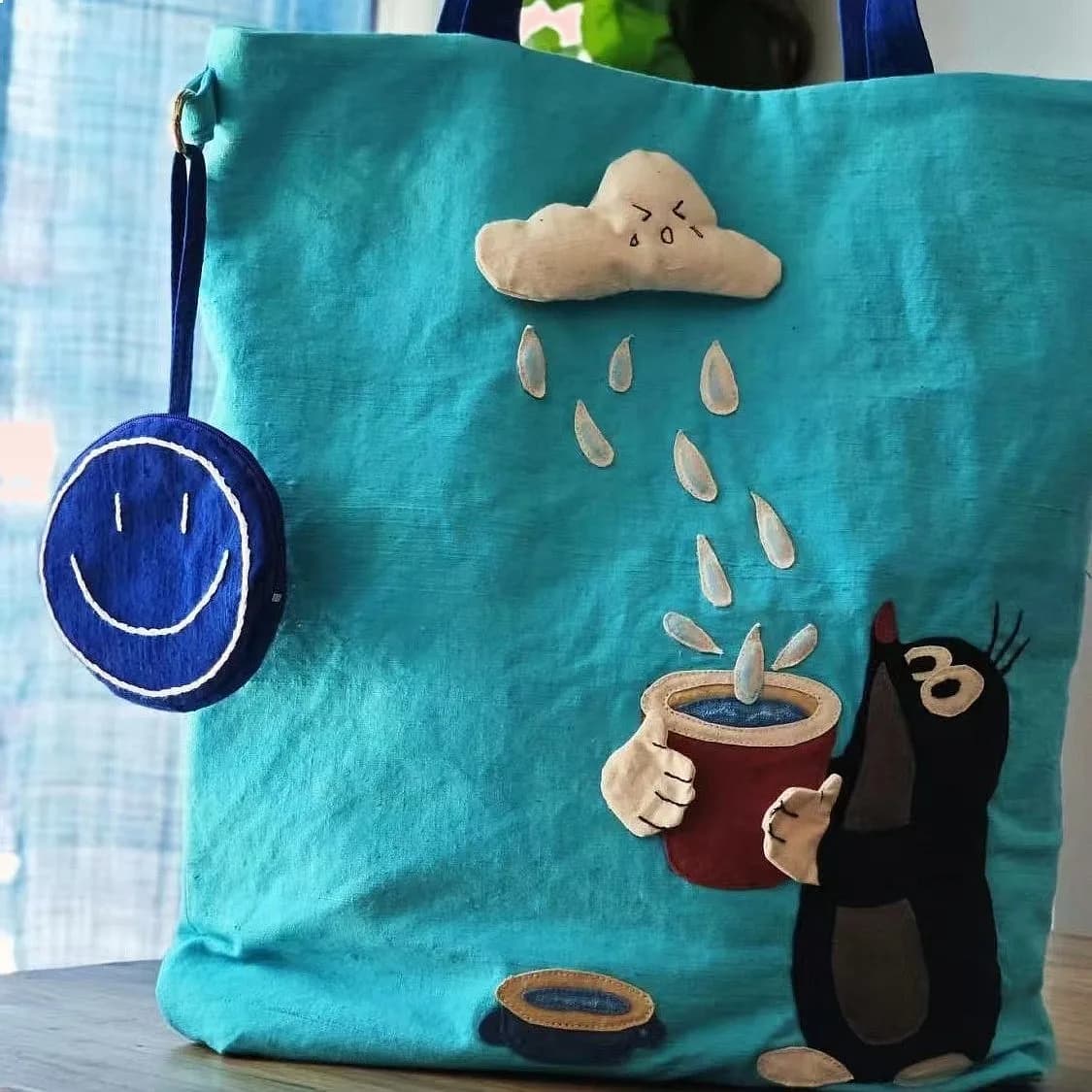 Japanese Lightweight Exquisite Embroidery Raindrop Clouds Canvas Bag Shopping Shoulder Handbag