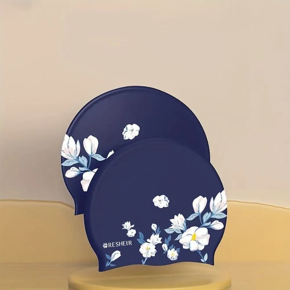 Beach swim cap with pink floral print, vintage style, for long, light and elastic hair, for women