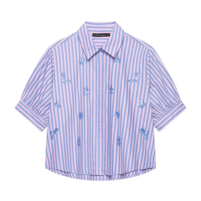 YENKYE Nuova Camicetta Corta a Righe con Paillettes 2026 da Donna, Colletto a Risvolto, Maniche a Sbuffo, Blusa Casual Estiva