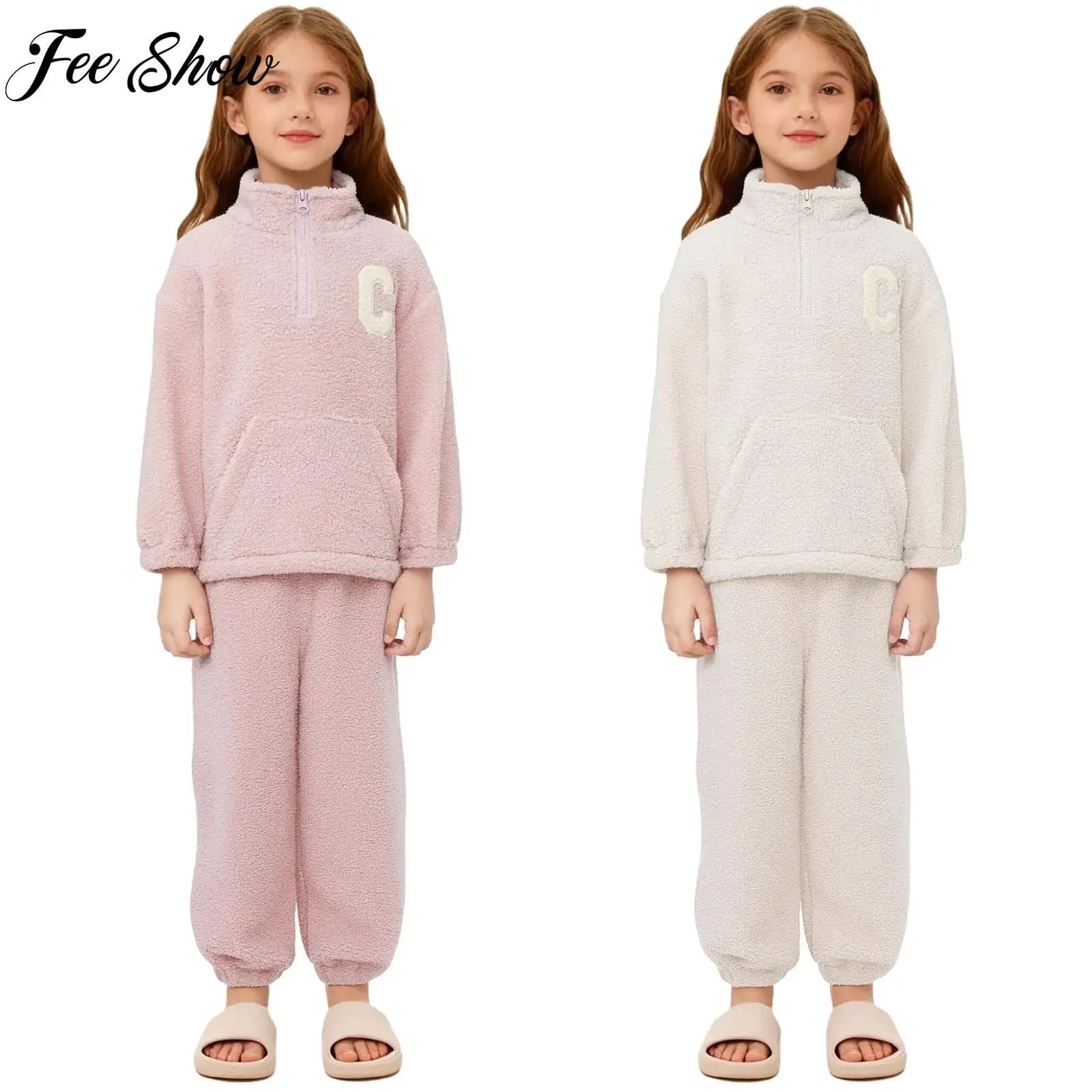Set di abbigliamento casual in pile caldo per bambina, felpa con tasche a maniche lunghe e pantaloni per casa, sport, corsa all'aperto, uso quotidiano