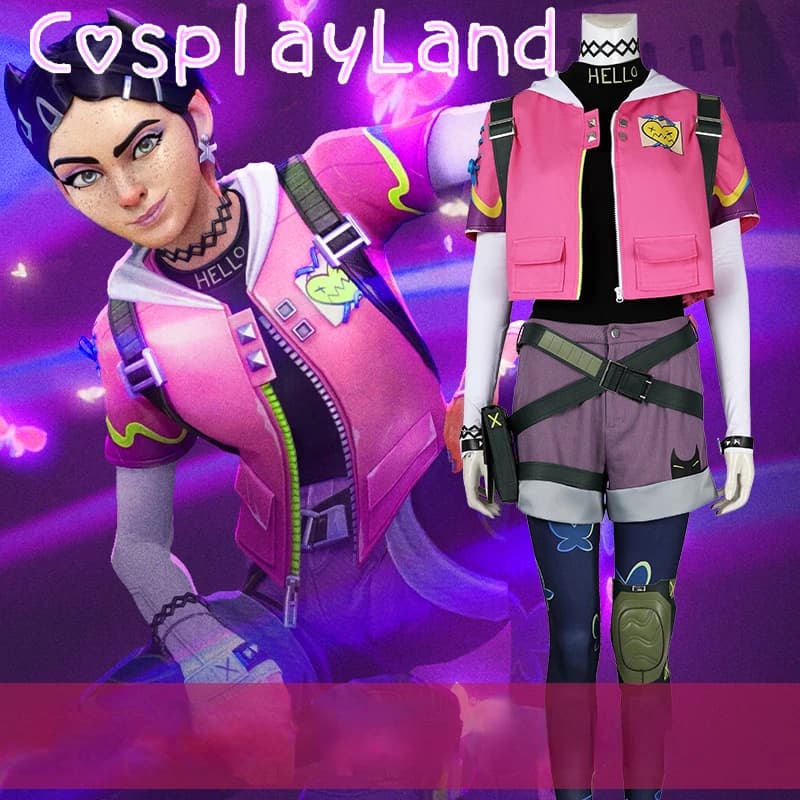 Costume Cosplay di Clove da Valorant, Completo Rosa con Cappotto, Camicia e Pantaloni, Abbigliamento Femminile per Giochi, Halloween, Carnevale, Feste e Comic Con