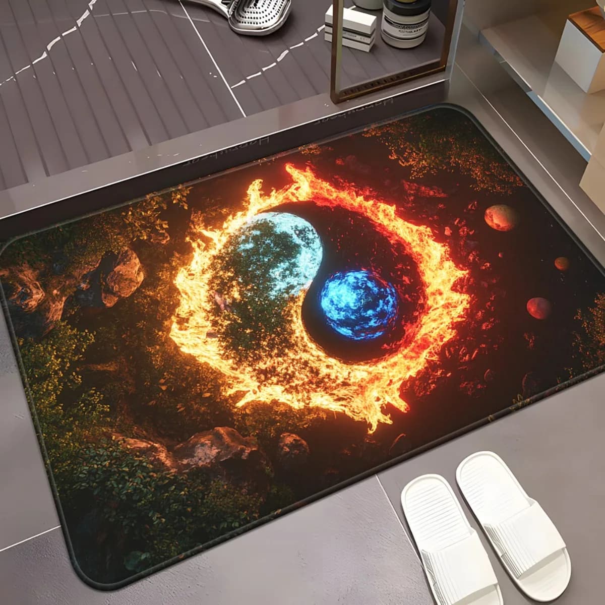 1 tappetino Yin-Yang Fire & Blue Orb - Tappetino in poliestere antiscivolo, microfibra, assorbente, lavabile in lavatrice per camera da letto, Livin