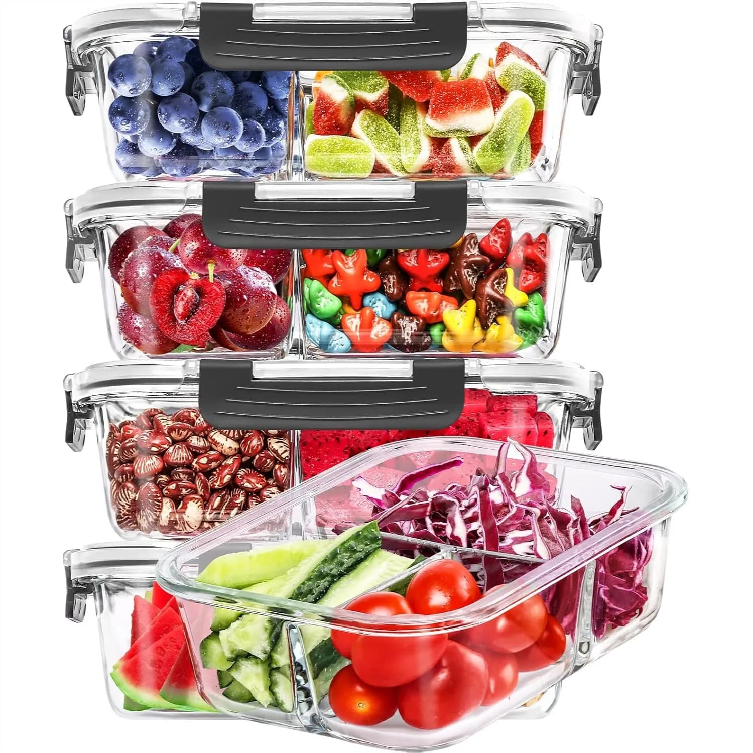 Contenitori in Vetro per Alimenti con 3 Scomparti, Set da 36oz per Preparazione Pasti con Coperchi Ermetici per Organizzazione Cucina