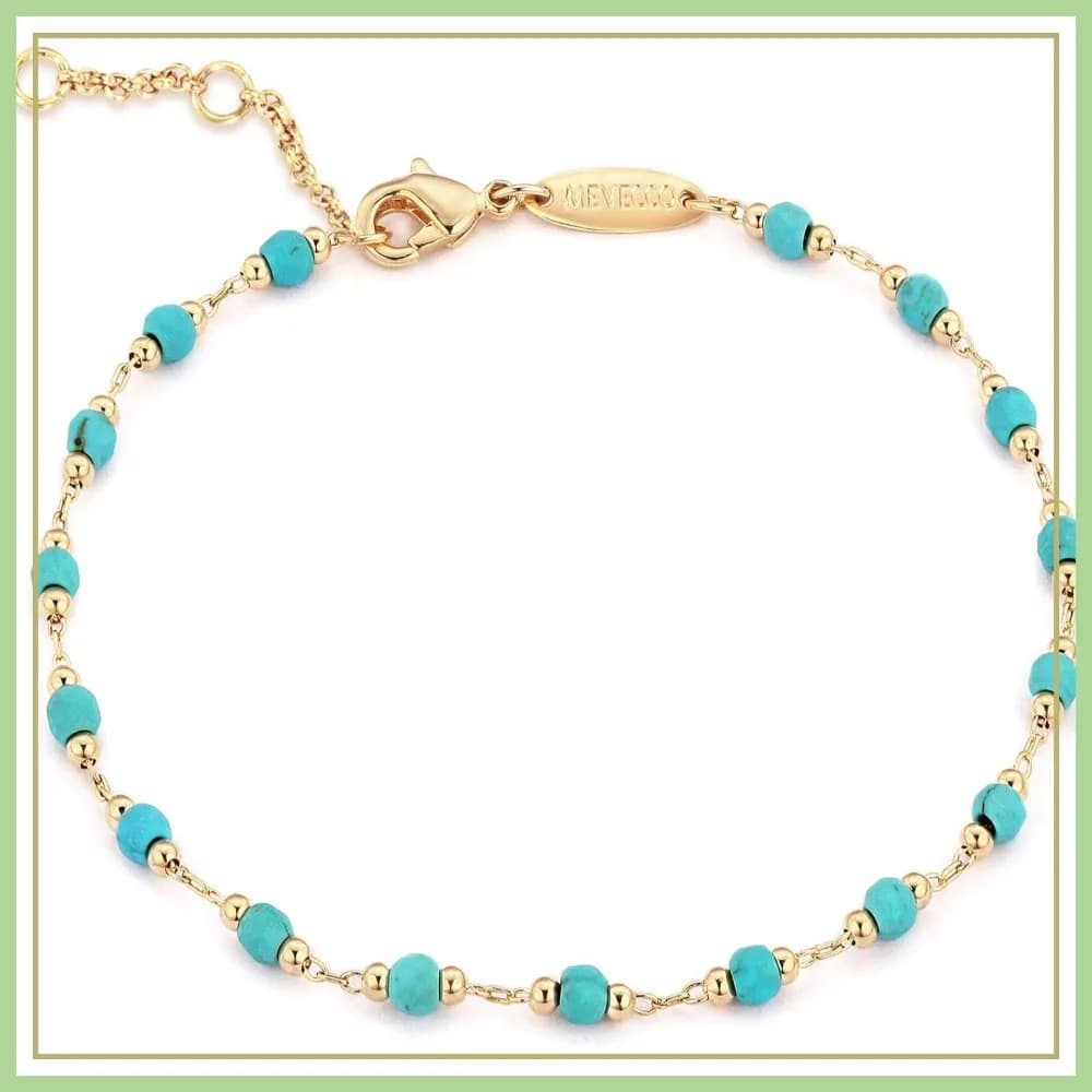 Braccialetti con Perline Turchesi Rotonde in Oro, Bracciale Delicato Fatto a Mano Placcato Oro 14K per Donne
