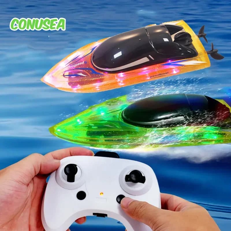 Barca RC JJRC con LED, Telecomando 2.4G, Imbarcazione da Competizione 10Km/h, Barche da Corsa Impermeabili per Giochi d'Acqua all'Aperto, Giocattoli per Ragazzi