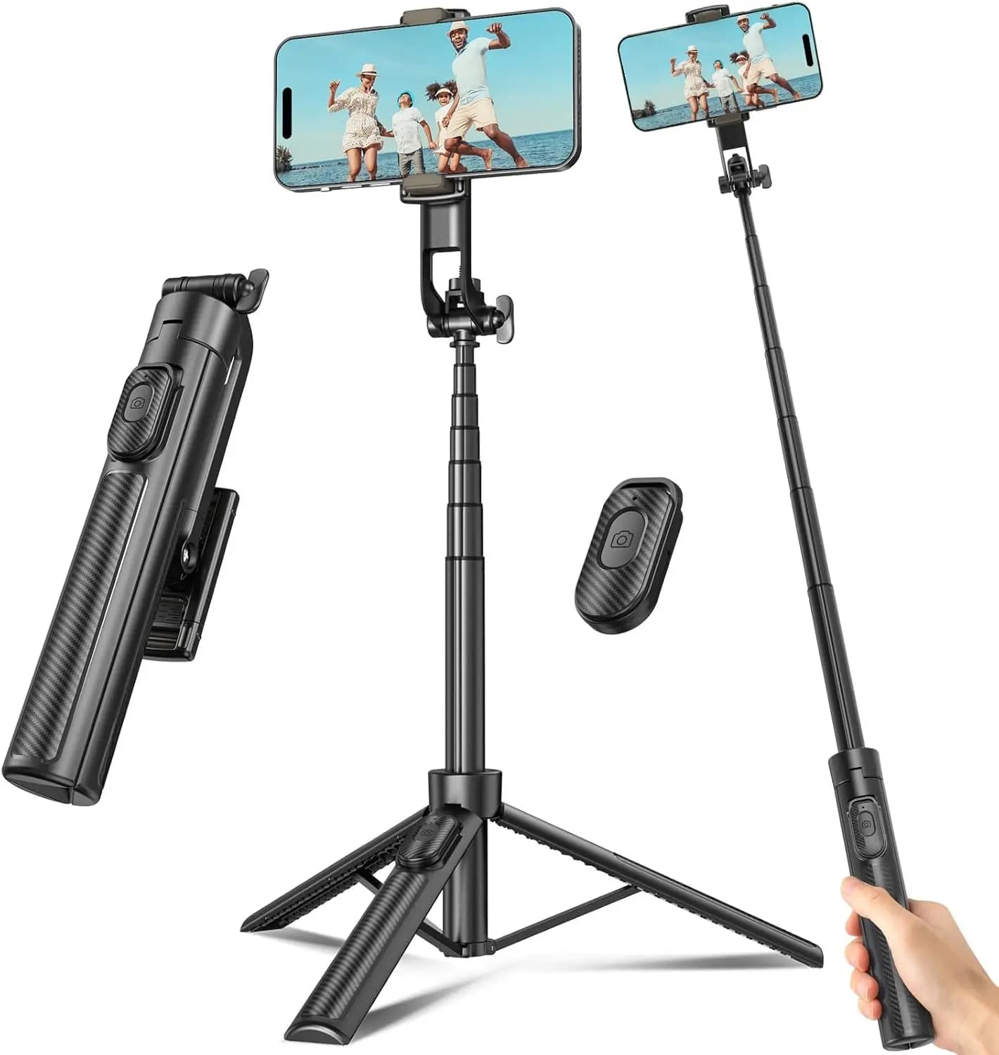 50" Extendable Selfie Stick Tripod with Remote, Phone Holder for iPhone Video Recording, Black