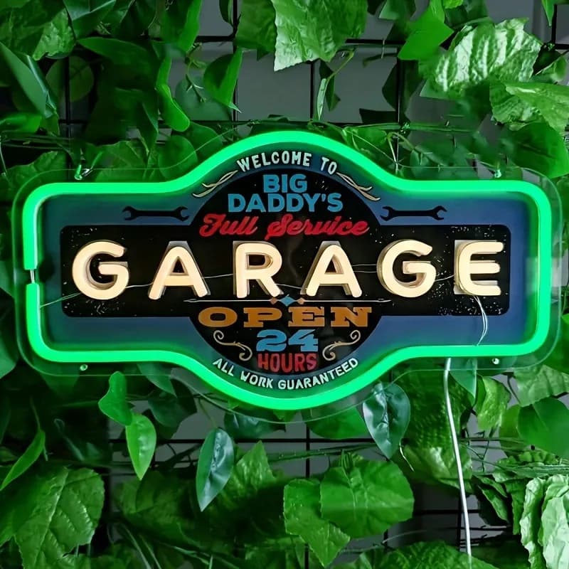 Insegna al neon a LED per garage retrò Stampata UV Arte da parete verde Luce decorativa alimentata tramite USB per la decorazione della scena della sala giochi del bar del garage