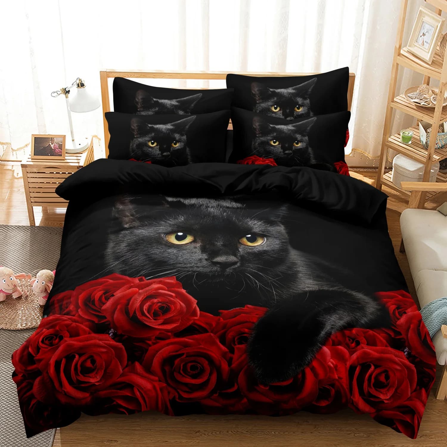 Black Cat Yellow Eyes Red Rose Print 3 Pieces Duvet Cover Set, Gothic Dark Style Feline Pet Red Blooming Flower Print Bedding