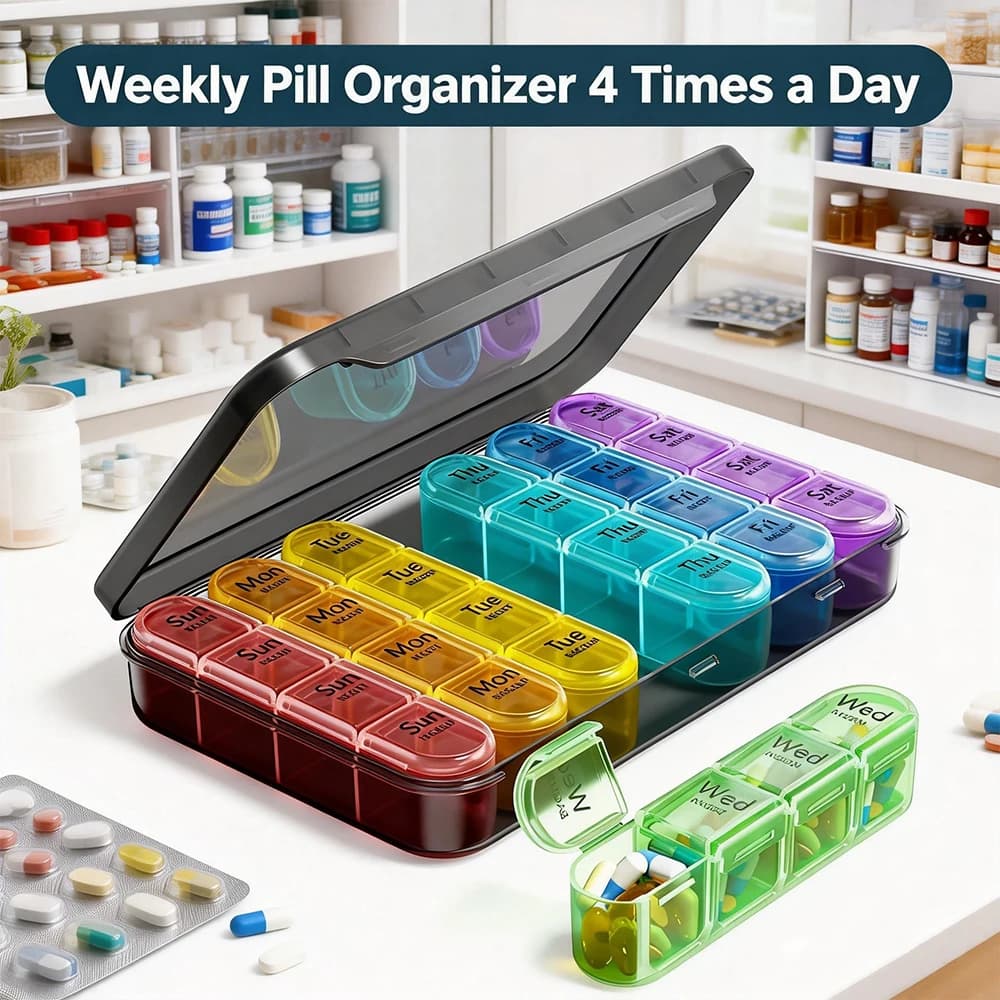 7-day pills, 4 times a day with 28 compartments Large travel pills, Weekly medicine box without BPA for vitamins