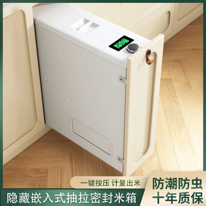 Integrated rice container in kitchen cabinet, stainless steel, with dispenser drawer, rice tank, flour container, extractable.