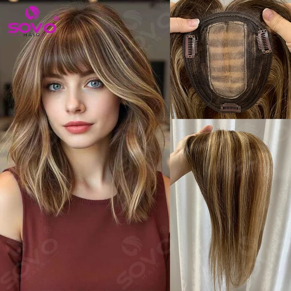 100% Remy Human Hair Topper with Bangs #4/27 Chestnut Bronzed Blonde 4 Non-Slip Silicone Clips Invisible Base Add Volume Covers