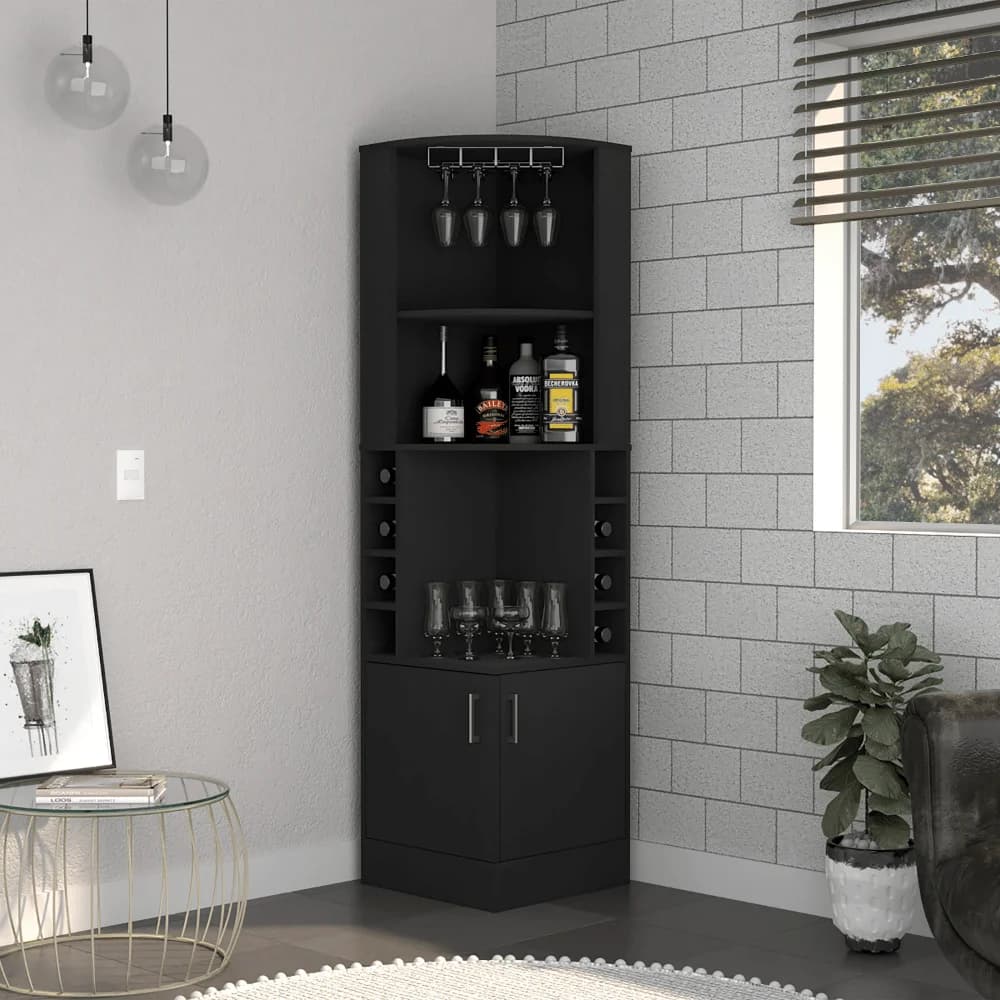 Mobile Bar Cairo a Doppia Porta con Otto Portabottiglie Integrati, Portabicchieri e Espositore Angolare
