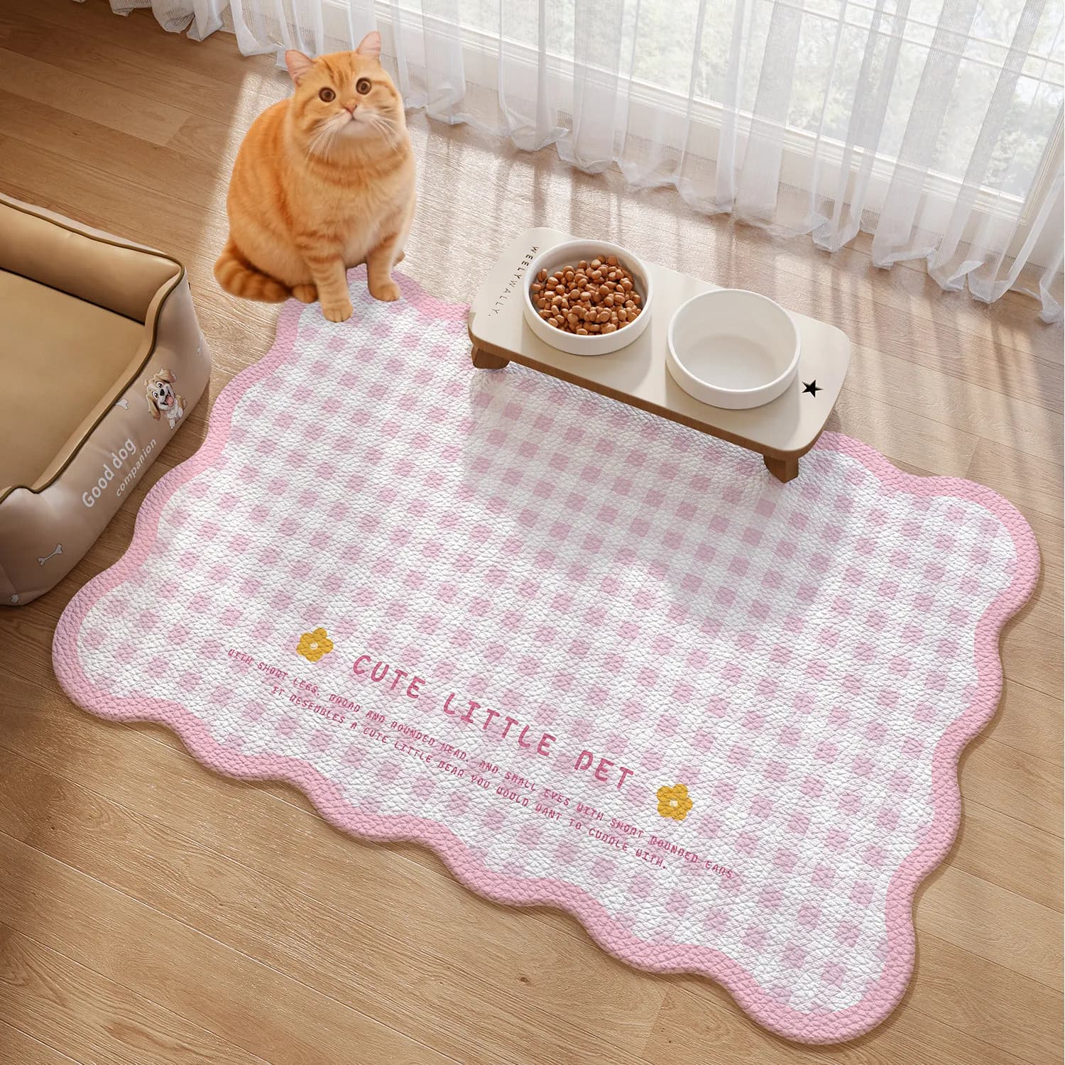 VIKAMA Pink Green Plaid "Cute Little Pet" Print Pet Feeding Mat Waterproof Anti-Slip Food Mat for Cat Dog