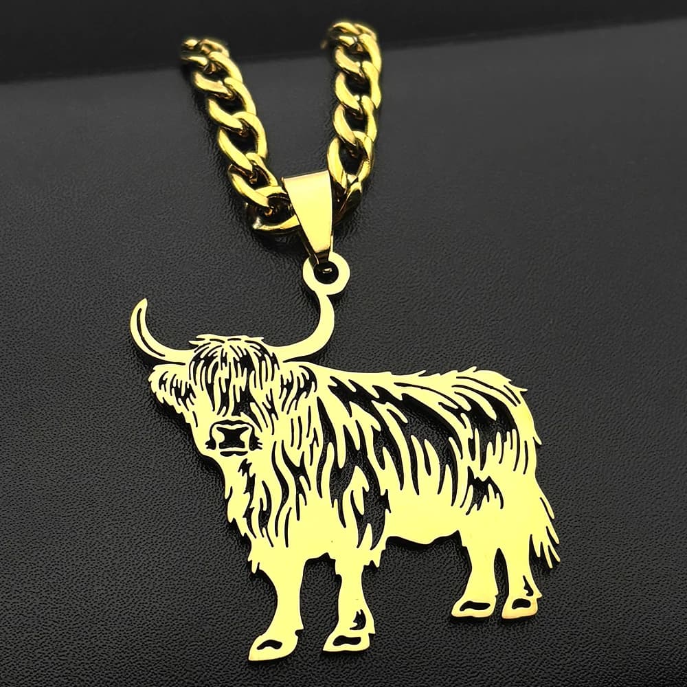 Collana con ciondolo carino mucca delle Highland per donna uomo acciaio inossidabile colore argento animale soffici capelli fattoria catena cava gioielli regali