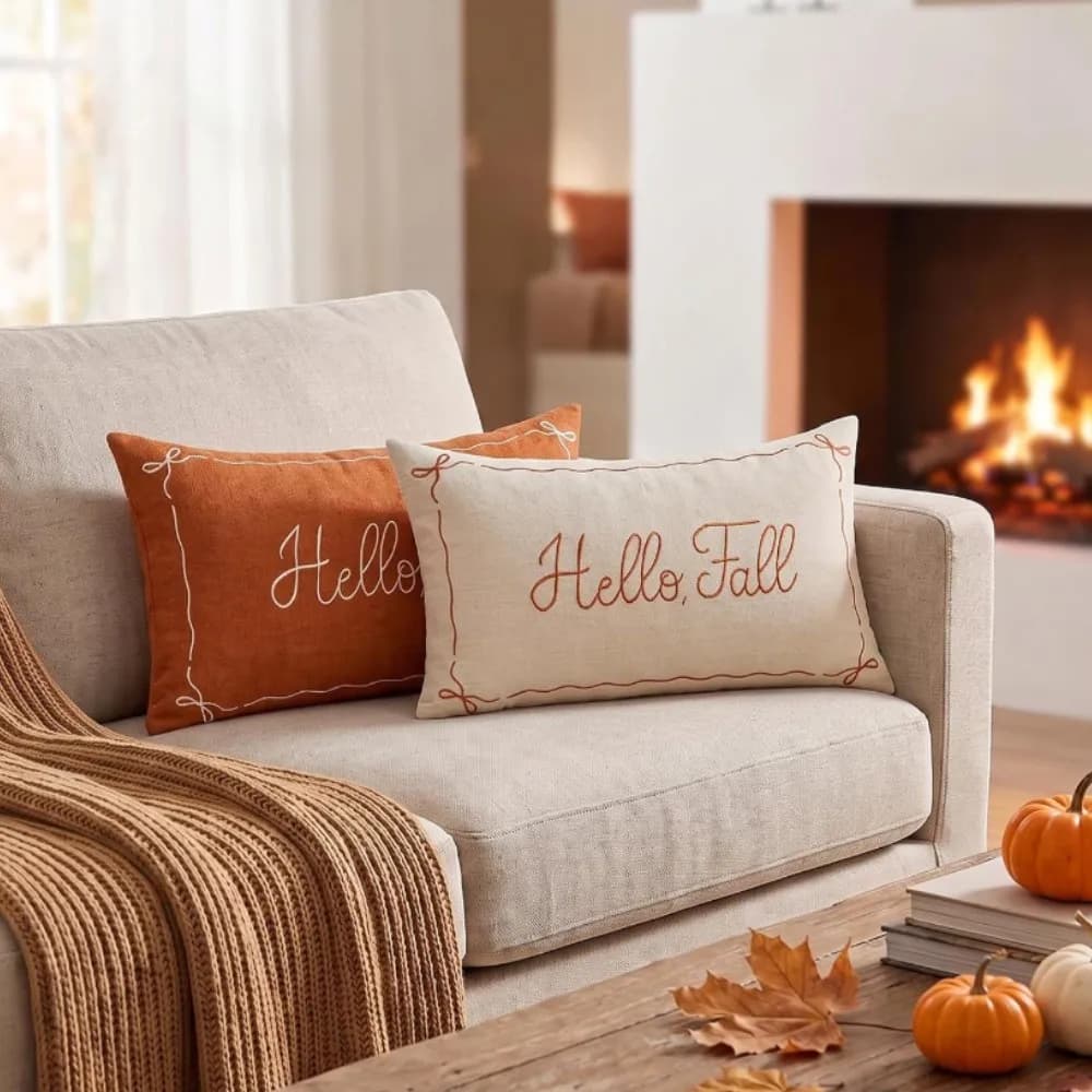 Embroidered Pillow Cover Hello Fall Decor Farmhouse Autumn Thanksgiving Decorative Lumbar Pillow Case Decorations for Couch Sofa