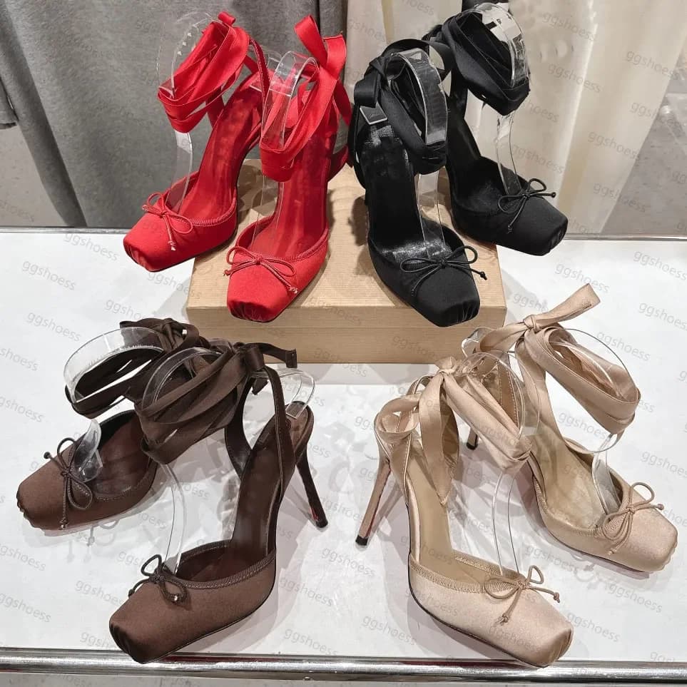 Scarpe da donna con tacco a spillo in raso, modello Cassia, con lacci, fiocco di design e punta quadrata, stile ballerina, per feste ed eventi.