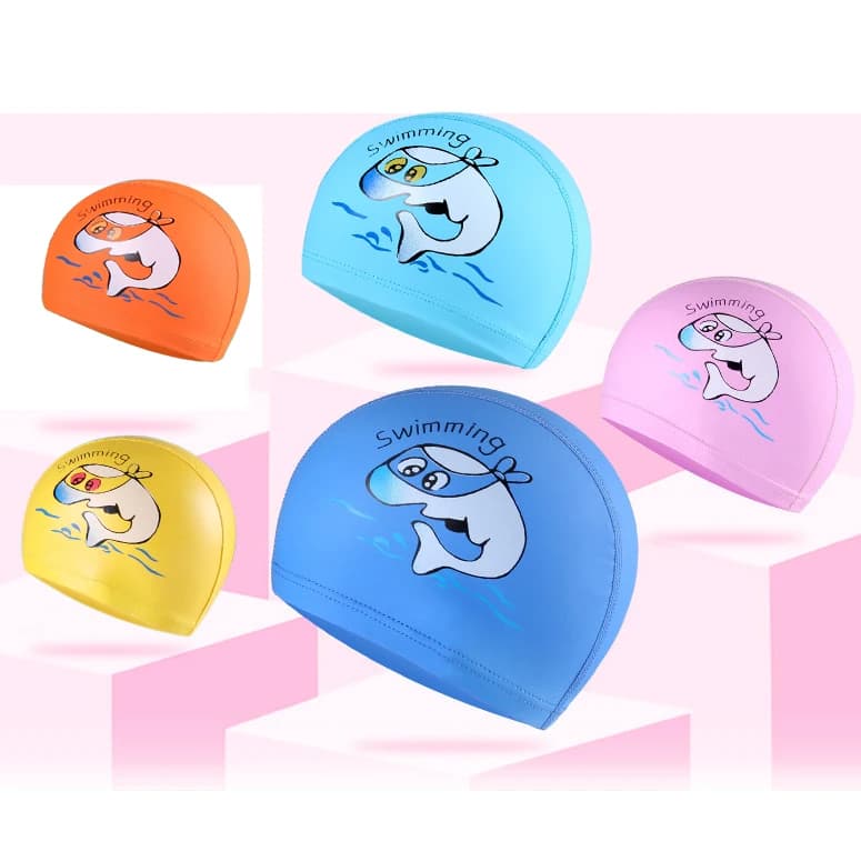 Kids swim cap waterproof ear protection PU headphone for boys and girls Animated cartoon swim cap for hair comfortable swimming