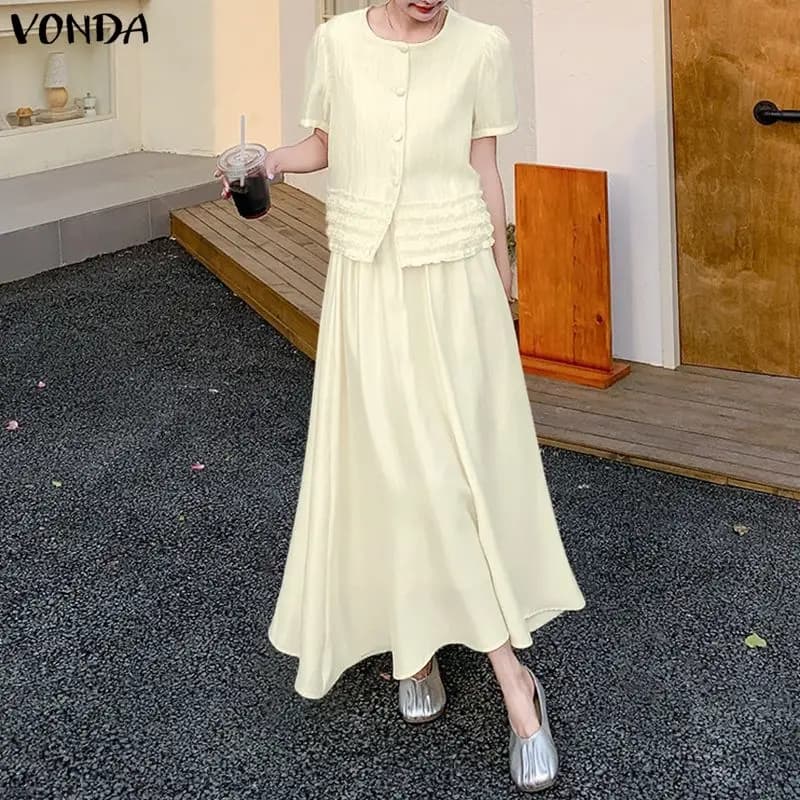 VONDA 2026 Women's Summer Dresses Set, Short Sleeve Shirts and Long skirts, Elegant Casual Dresses in 2 Pieces