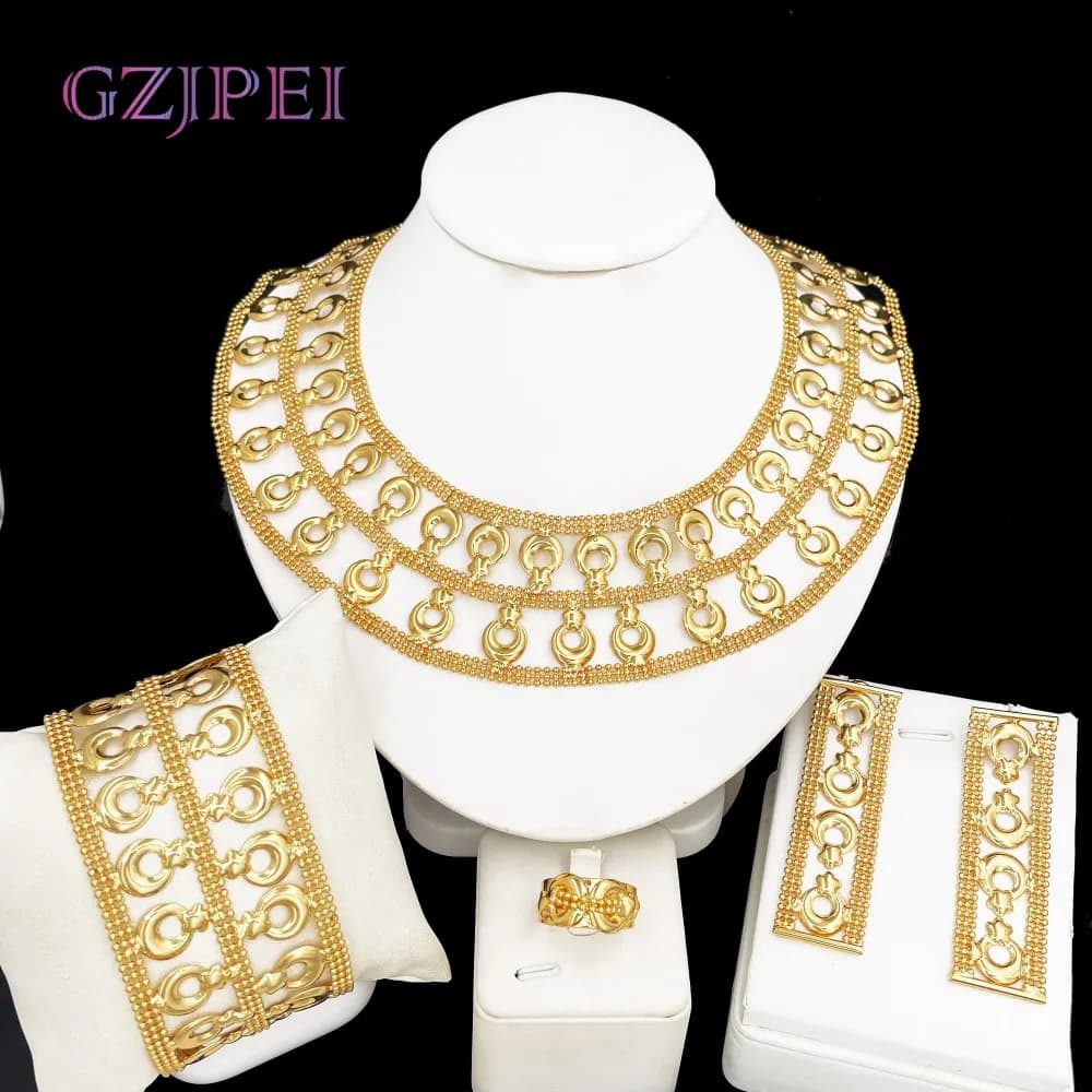 GZJPEI 18K Gold Plated Women's Jewelry Set Declaration Exaggeration Necklace with Wide Bracelet Christmas Gift Set Wedding Accessories