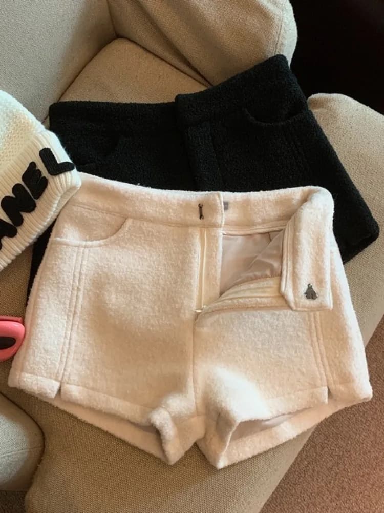 Pantaloncini in lana a vita alta a gamba larga da donna, stile dolce, taglio dritto, per primavera autunno, linea A, pantaloni a gamba dritta, ideali come strato base