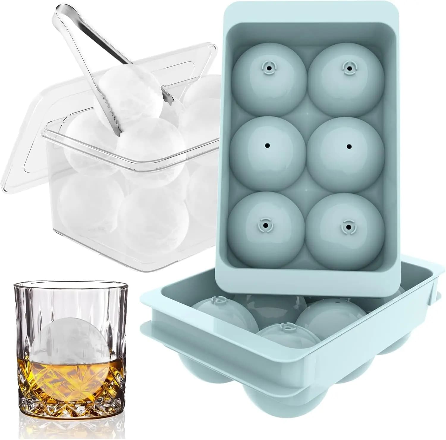 Stampi per Cubetti di Ghiaccio Rotondi Grandi per Whisky, Facili da Riempire e Rilasciare, Vassoi per Cocktail e Bourbon (1,9 Pollici*6 Sfere - Blu/Confezione da 2)