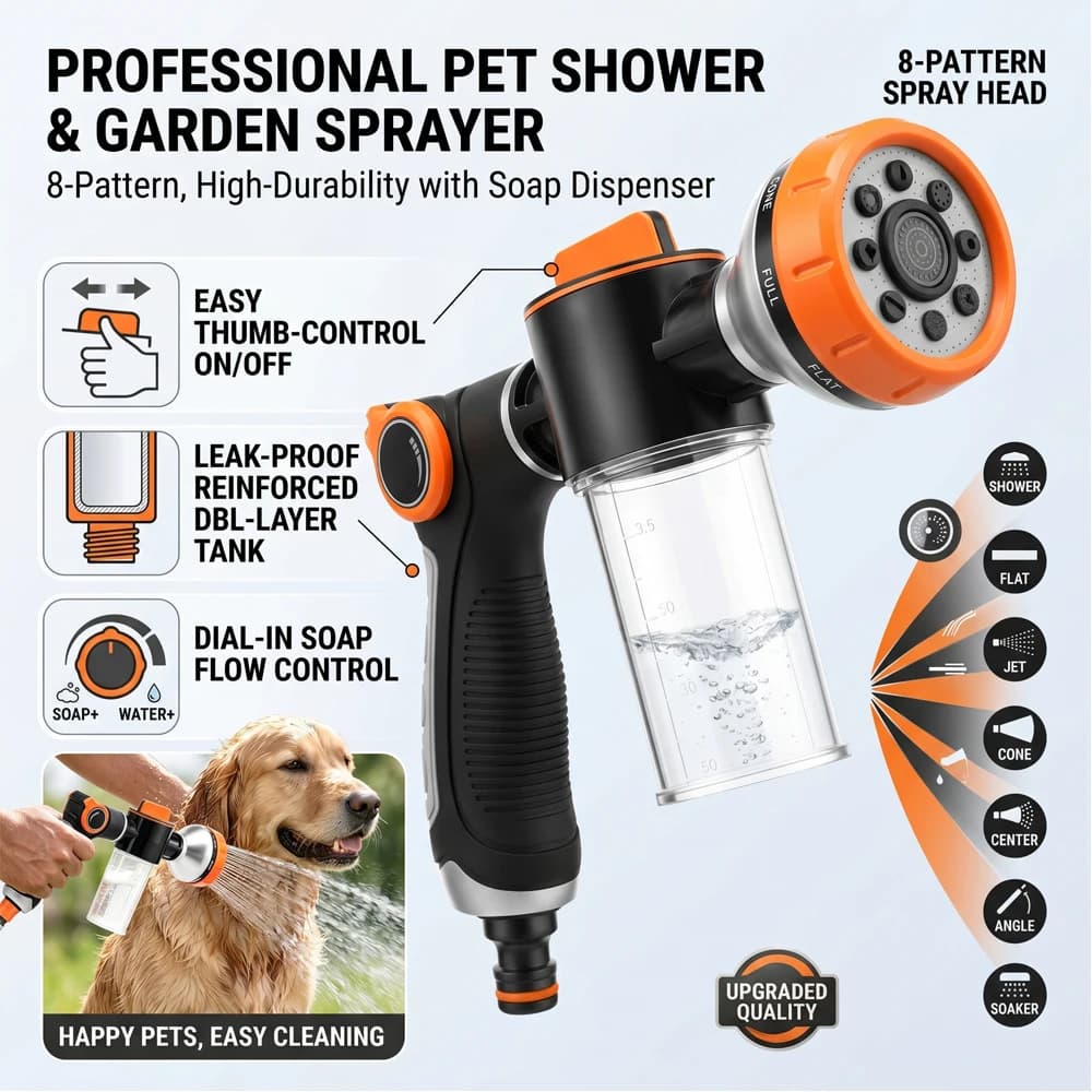 Accessorio per tubo da giardino per lavaggio cani, ugello spray a 8 modelli, controllo a pollice, spruzzatore per doccia animali domestici, dispenser di schiuma e sapone per lavaggio auto e giardino