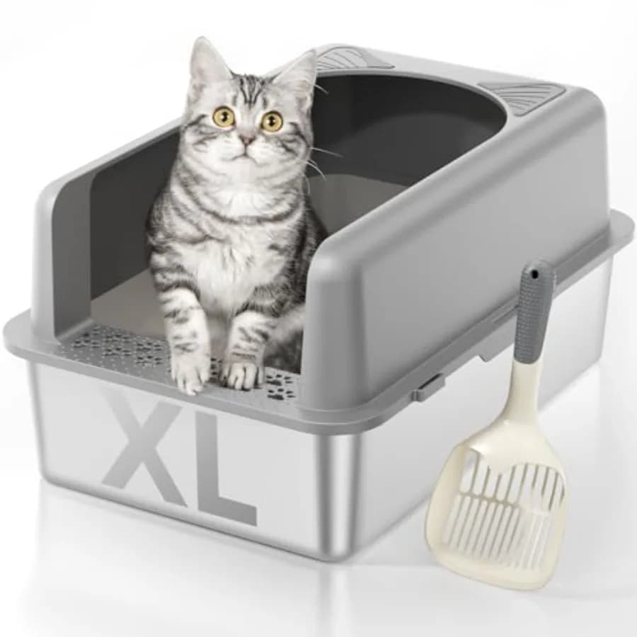 Stainless Steel Cat Litter Box, Extra Large High Sided Litter Boxs for Big Cats, XL Metal Litter Box with Lid, Non Stick, No Sm