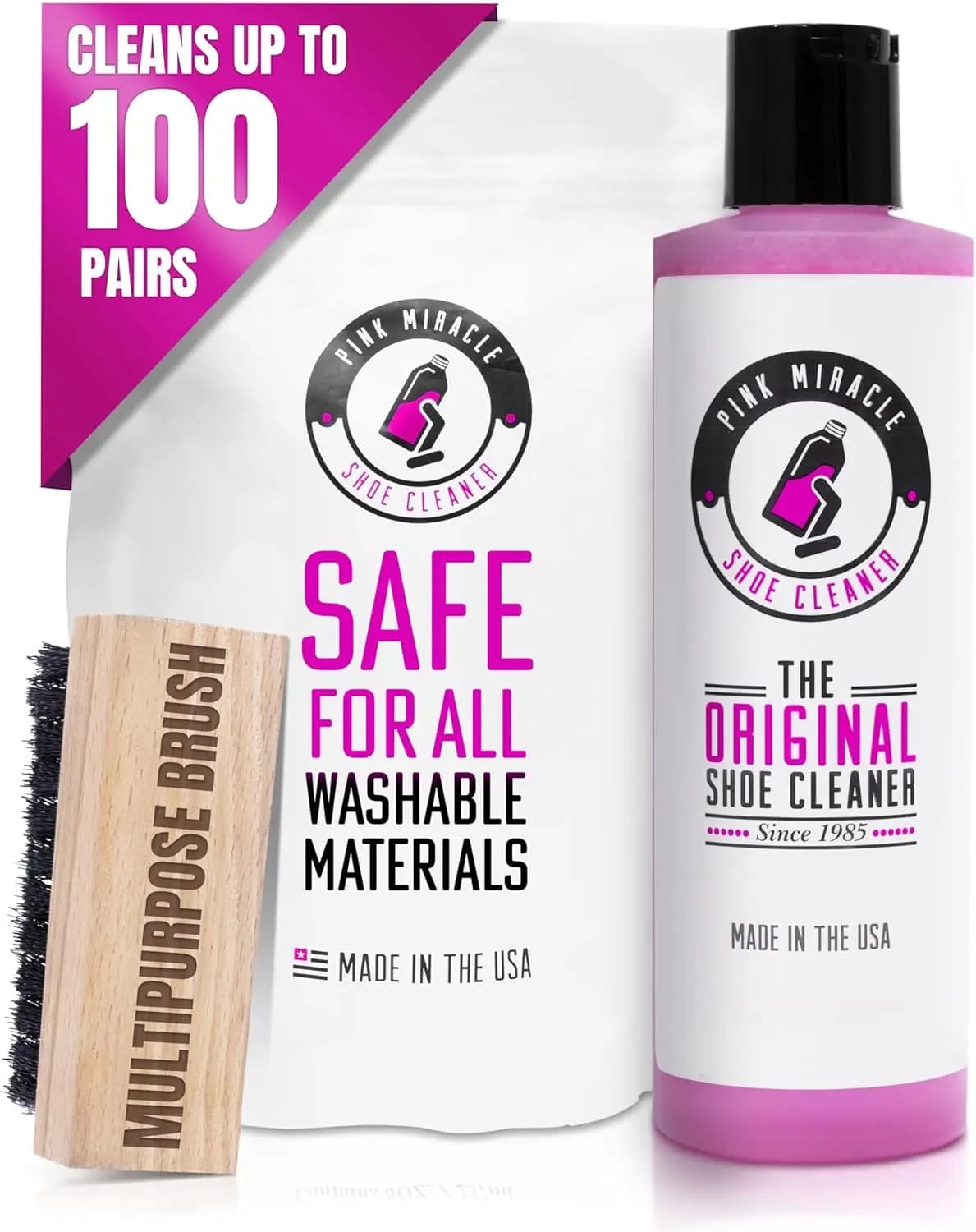 Kit di Pulizia per Scarpe Pink Miracle con Flacone e Spazzola per Tessuti, Pelle, Bianchi, Camoscio e Sneakers in Nubuck