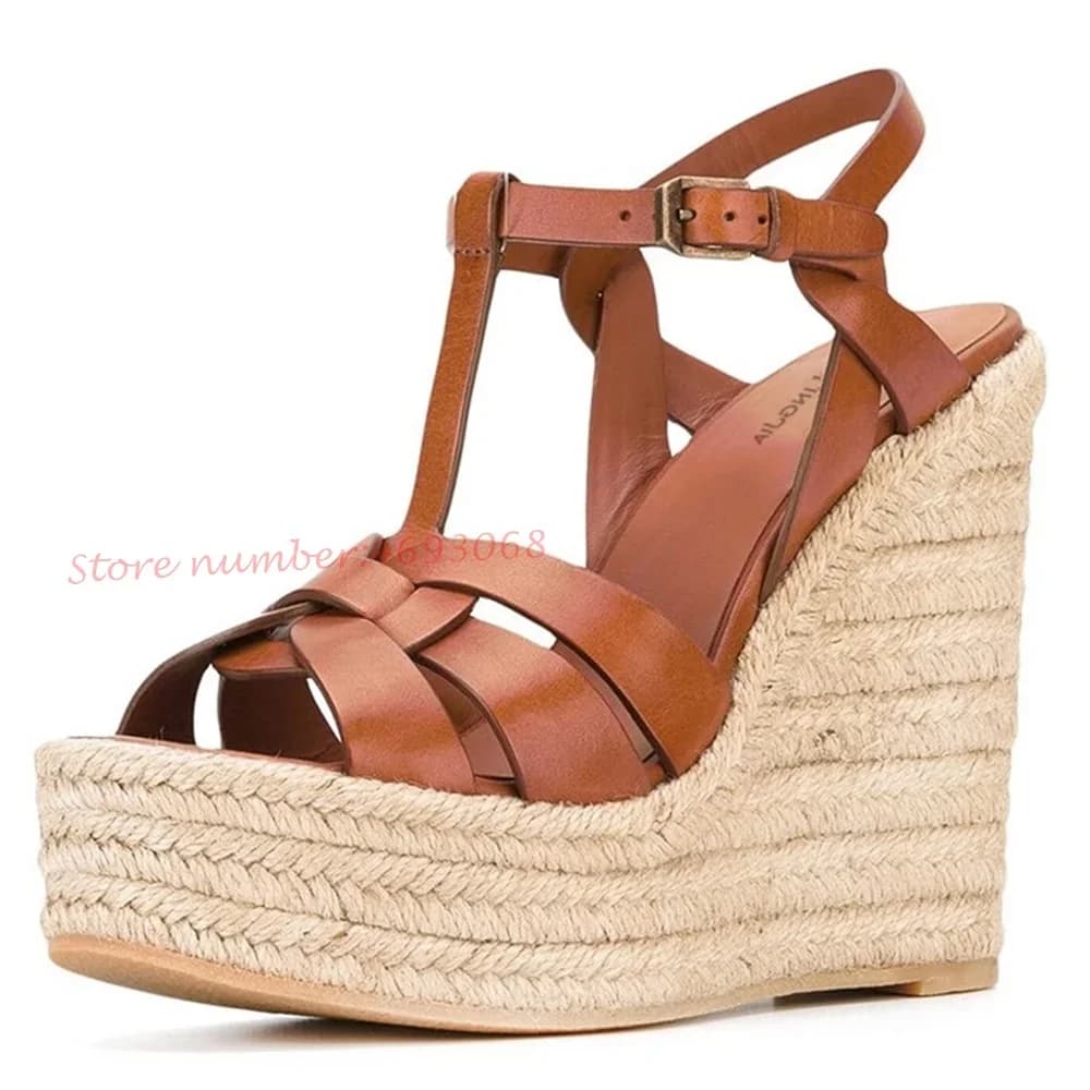 Sandali con zeppa con cinturino a T sandali da donna intrecciati tacchi alti altezza crescente Peep Toe scarpe estive in pelle sandali con cinturino Bukcle
