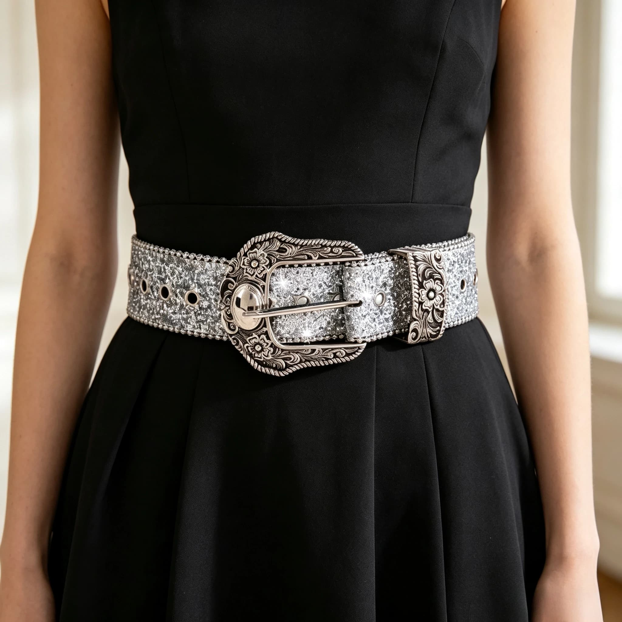 Silver Glitter Western Cowboy Belt Vintage Floral Engraved Buckle Wide Waist Belt For Women Dress