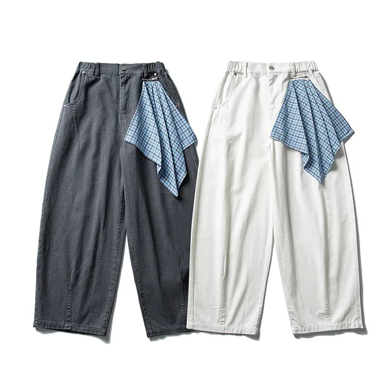 Men's Autumn Japanese Fashion Zipper Plaid Decorative Loose Casual Wide Leg Denim Baggy Pants Cityboy Cargo Jeans Trousers