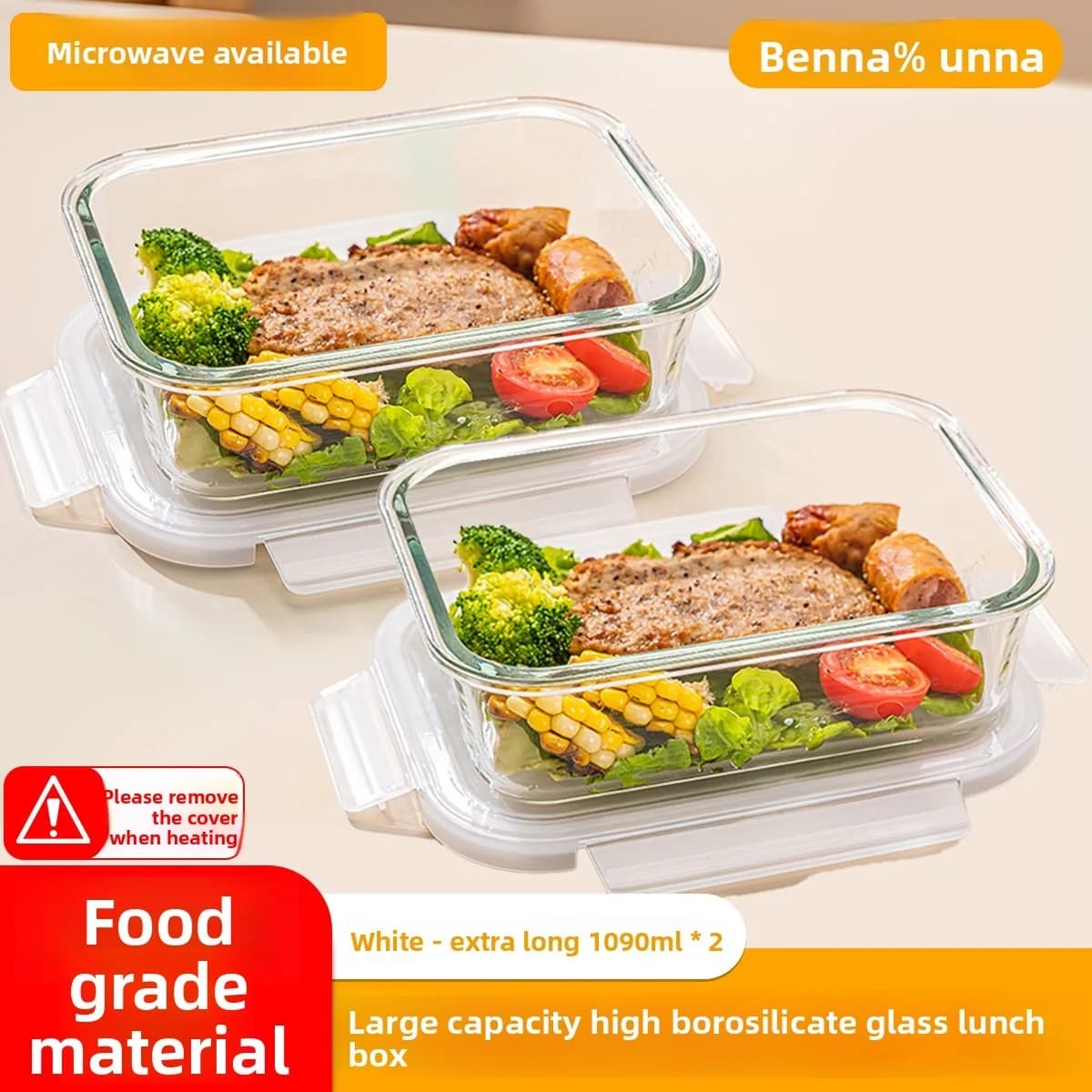 Contenitore per Pranzo in Vetro Adatto al Microonde, Contenitore per Alimenti in Vetro Borosilicato per Facile Riscaldamento, Bento Box Bianco Ermetico per Preparazione Pasti