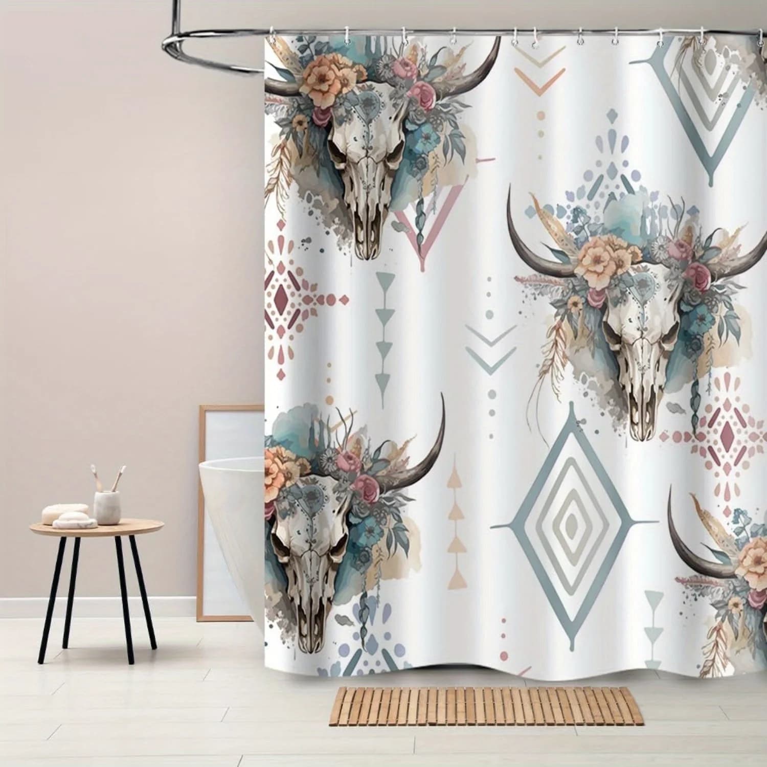 Tenda da doccia con teschio di mucca occidentale, motivi geometrici Boho, design floreale e cactus, stile rustico, installazione semplice
