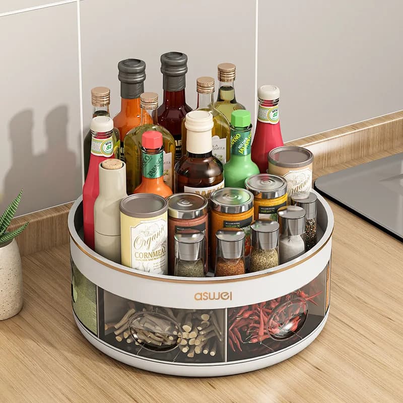 Kitchen seasoning box integrated multi-grid storage countertop rotating oil, salt, sauce and vinegar bottle rack