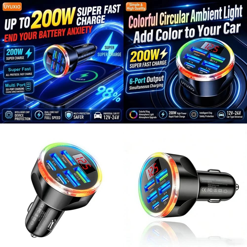 Multi Port Fast Car Charger Hub Trending for iPhone 18 17 16 Samsung S26 S25 S24 with Digital Voltage Display RGB Ambient Light