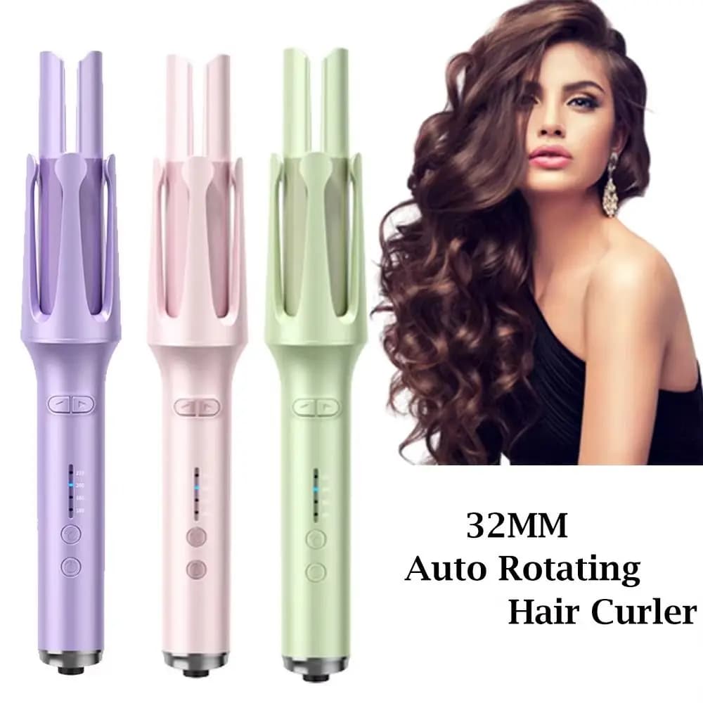 2-in-1 portable curling iron with anti-growth technology and automatic rotation, 32mm diameter