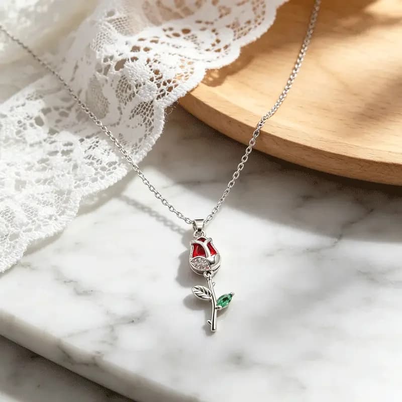 Luxury Sparkling Enamel Rose Pendant Zircon Necklace for Women Silver Plated Elegant Party Wedding Birthday Jewelry Gift