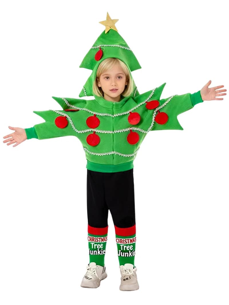 Costumi cosplay dell'albero di Natale, costumi per spettacoli teatrali per bambini, giacca da campus natalizio con pantaloni