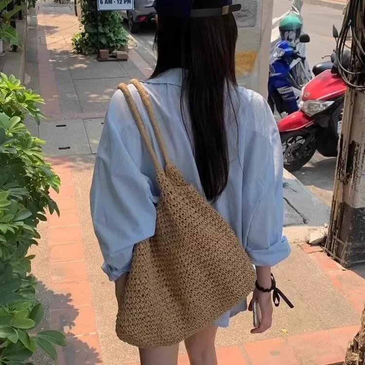 Summer Travel Versatile Straw Woven Bag Large Capacity Single Shoulder Handbag Commuter Tote Bag Lazy Style Bucket Shape