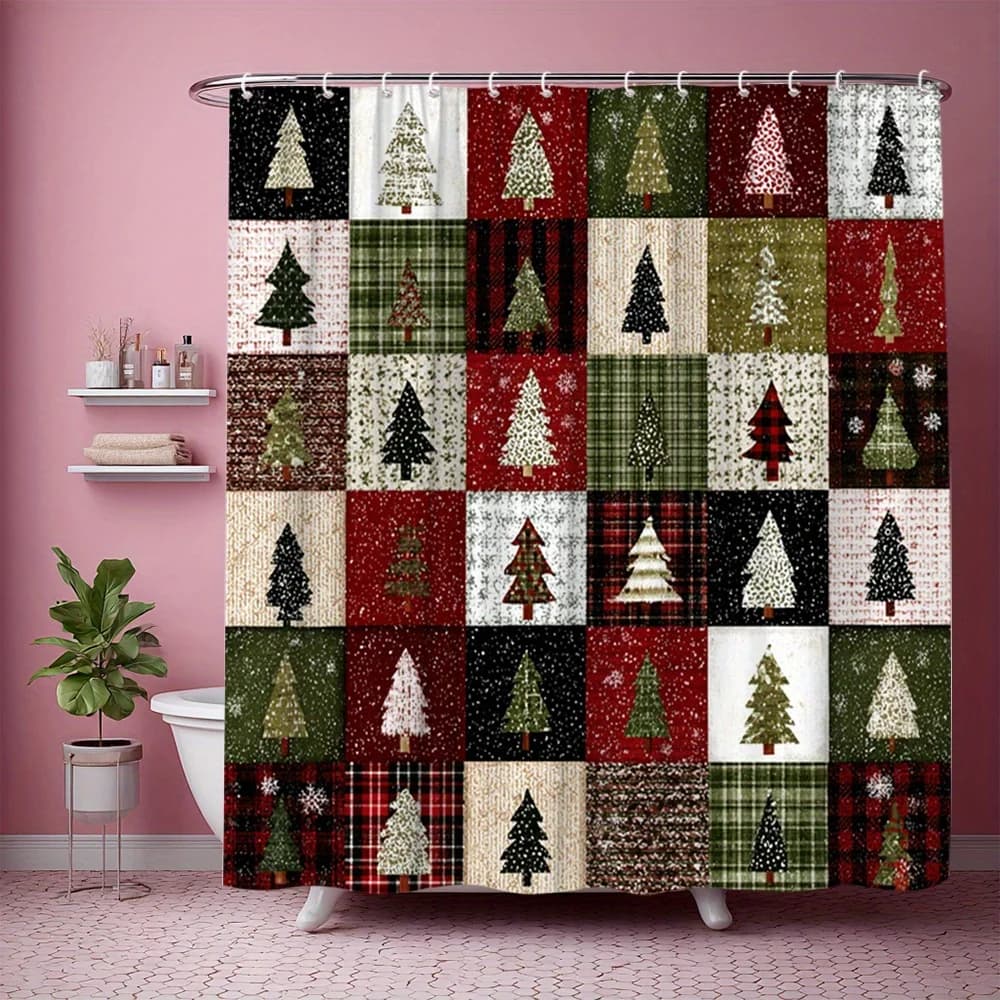 Patchwork Snowy Trees Plaid Christmas Shower Curtain w/ Hooks, Soft Fade Resistant Window Curtain for Bathroom