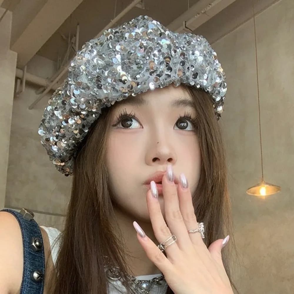 Shiny Surface Retro Glitter Sequin Beret Trendy Sparkling Fashion Painter Hat Casual Style Chic Design Lady Octagonal Cap Party