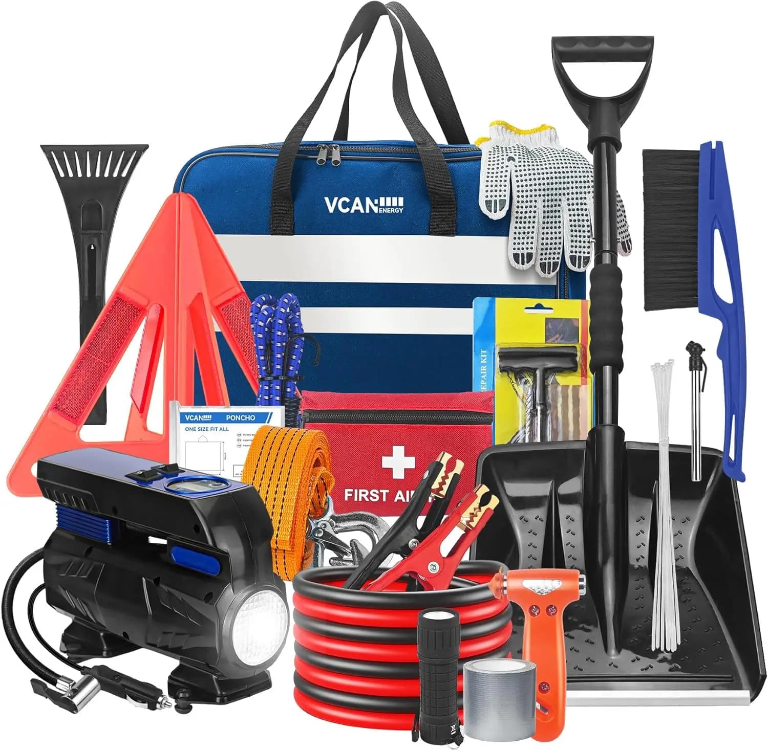 Kit di sicurezza di emergenza per auto con compressore d'aria digitale, cavi jumper, pronto soccorso, pala da neve – Kit di sopravvivenza su strada per tutti