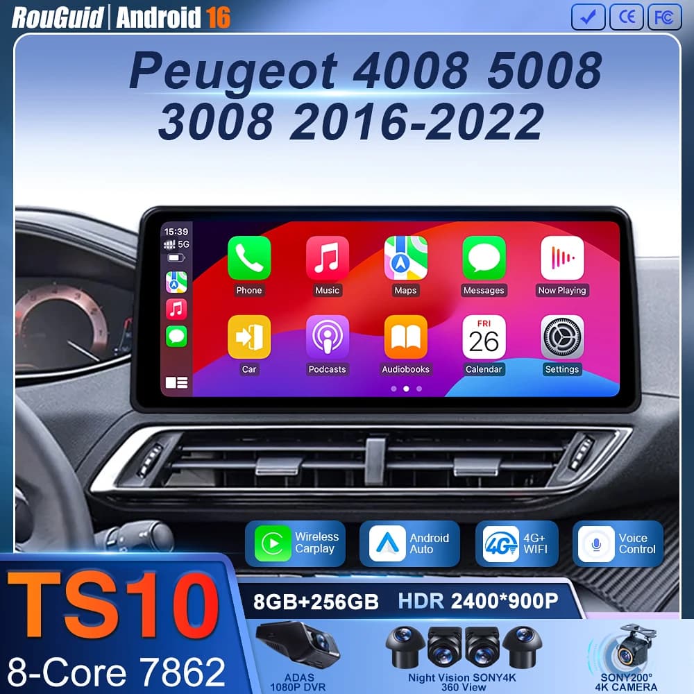 Autoradio multimediale Android 16 con schermo da 12,3 pollici per Peugeot 4008 5008 3008 2016-2022, con Carplay wireless e Bluetooth.